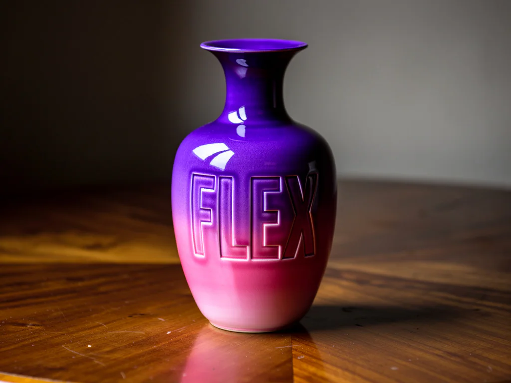 Gradient purple-to-pink vase engraved with the word FLEX