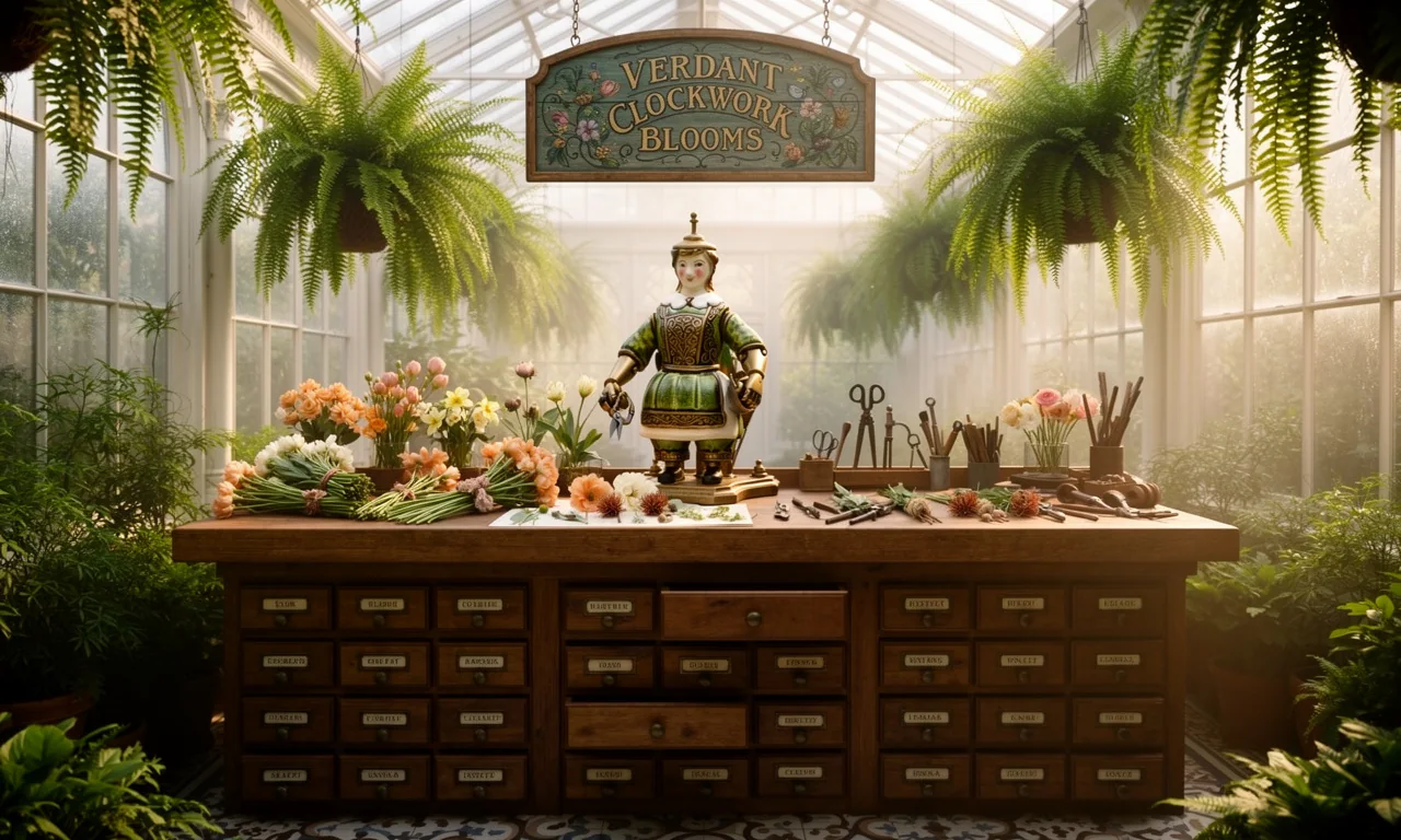Mechanical flower greenhouse filled with verdant clockwork blooms
