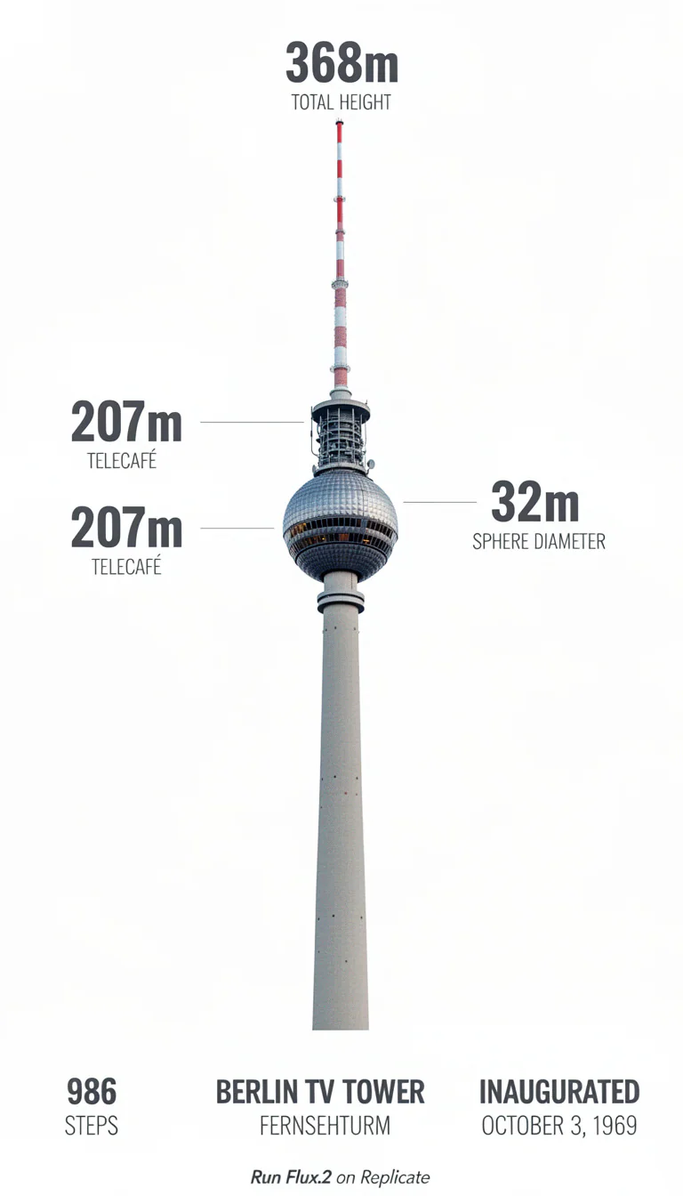 Berlin TV tower infographic with precise typography and annotations