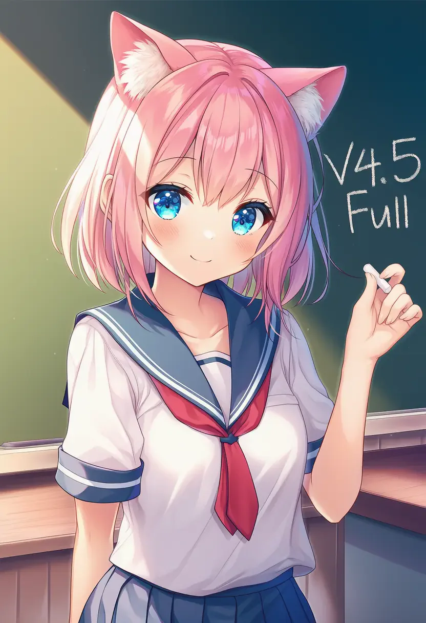 Pink-haired cat girl writing V4.5 Full on a classroom chalkboard