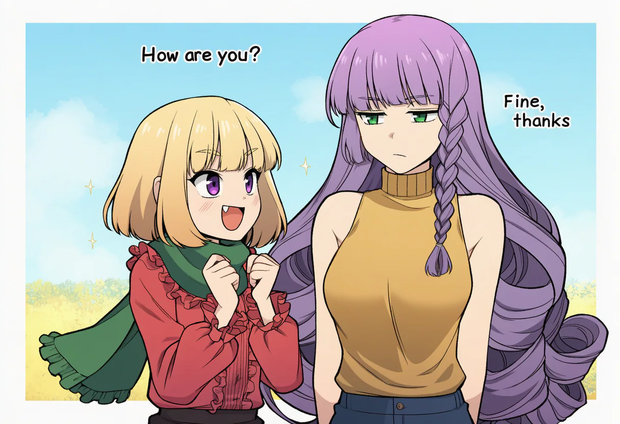 Blonde and purple-haired girls exchanging English dialogue outdoors
