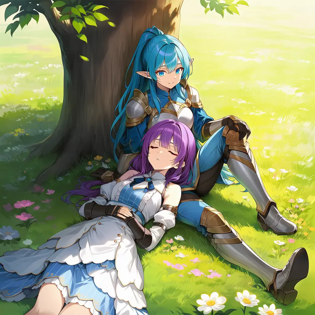 Blue-haired elf giving a sleeping purple-haired girl a lap pillow in a flower meadow