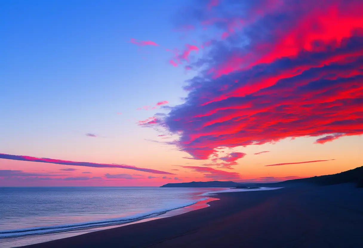 Vibrant painterly coastline beneath red, purple, and pink clouds