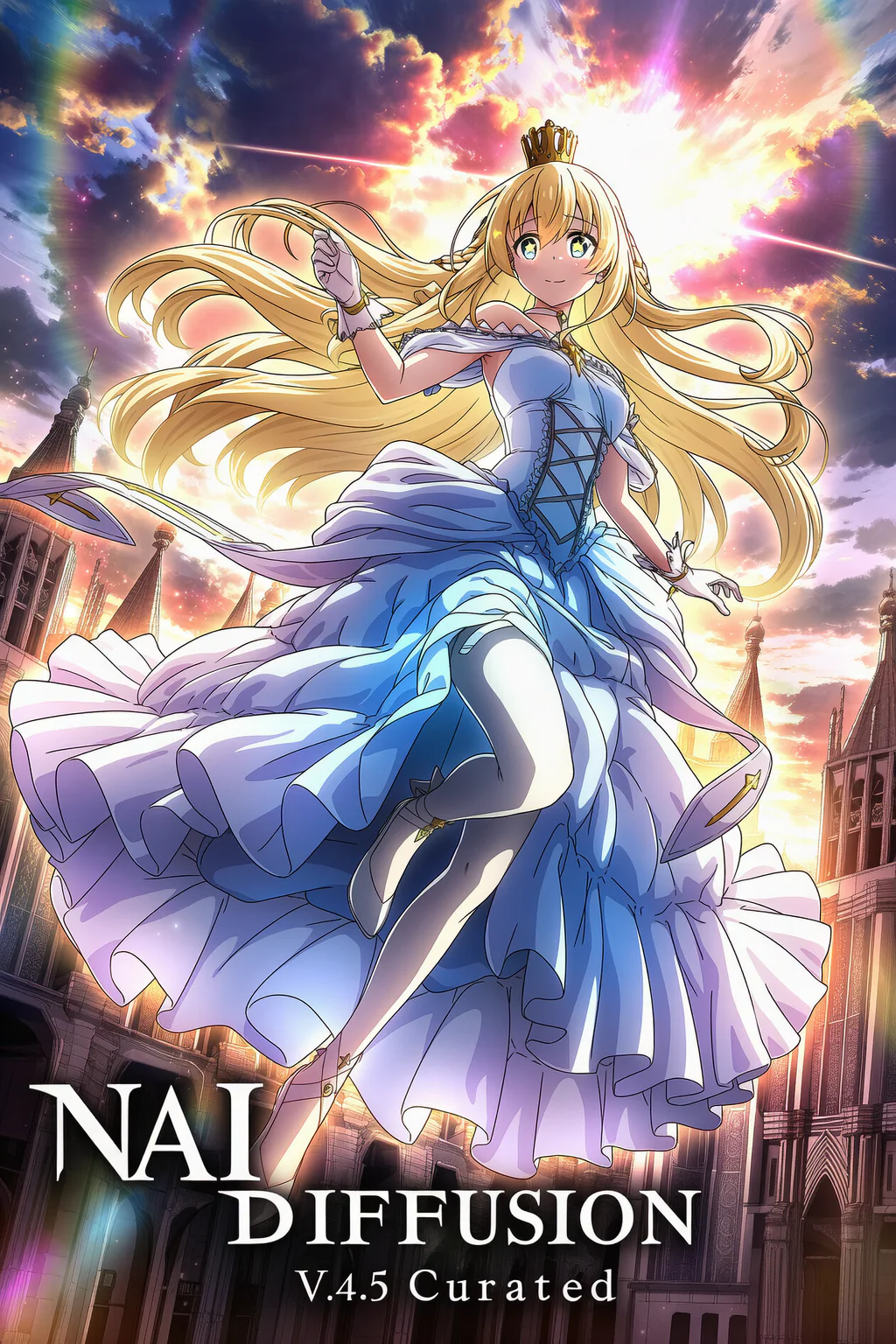 Princess-like girl floating above a sunset church with V4.5 Curated title text