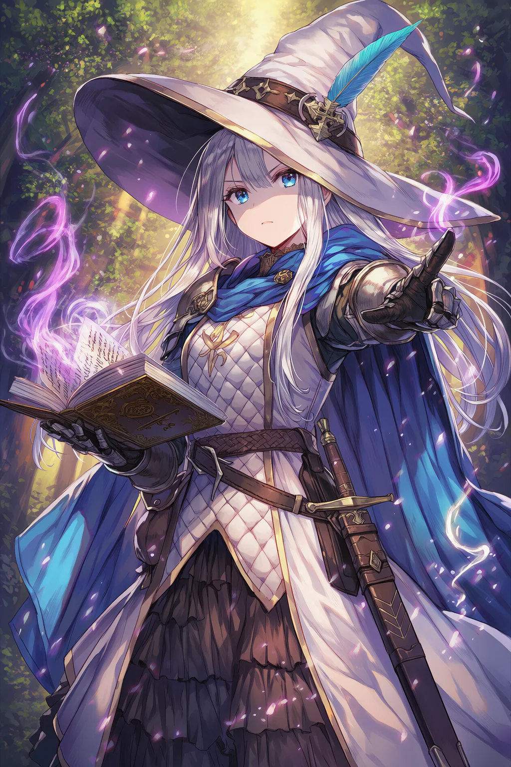 White-haired wizard knight reading an open spellbook in a forest