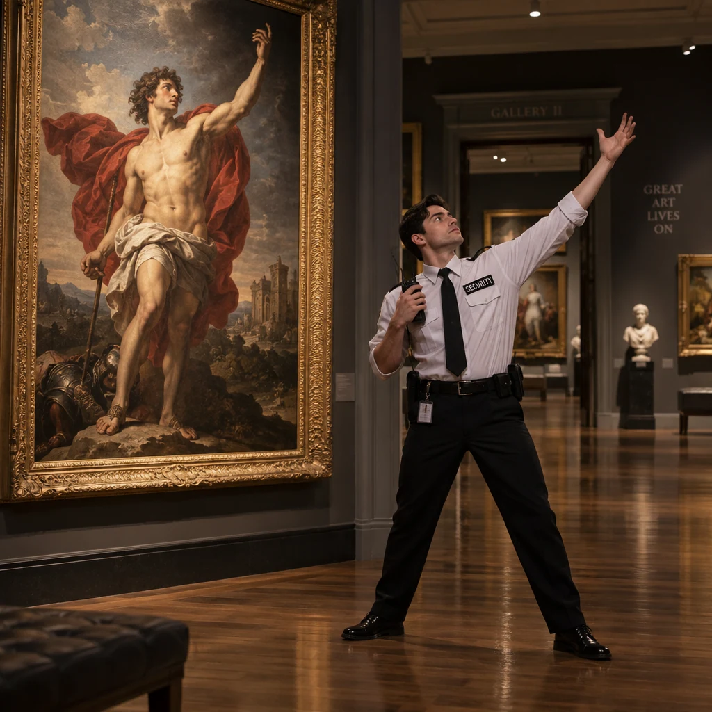 WaveSpeed Sunburst · Narrative humor · museum security guard