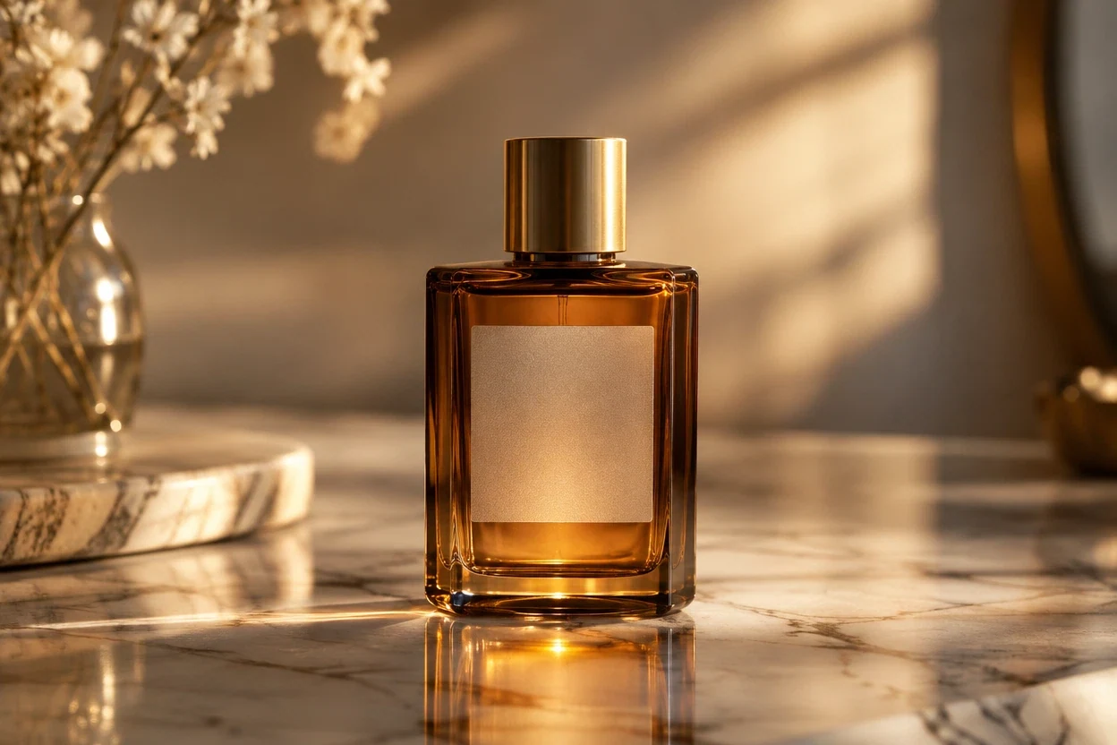 WaveSpeed Flare · Unbranded amber perfume on marble