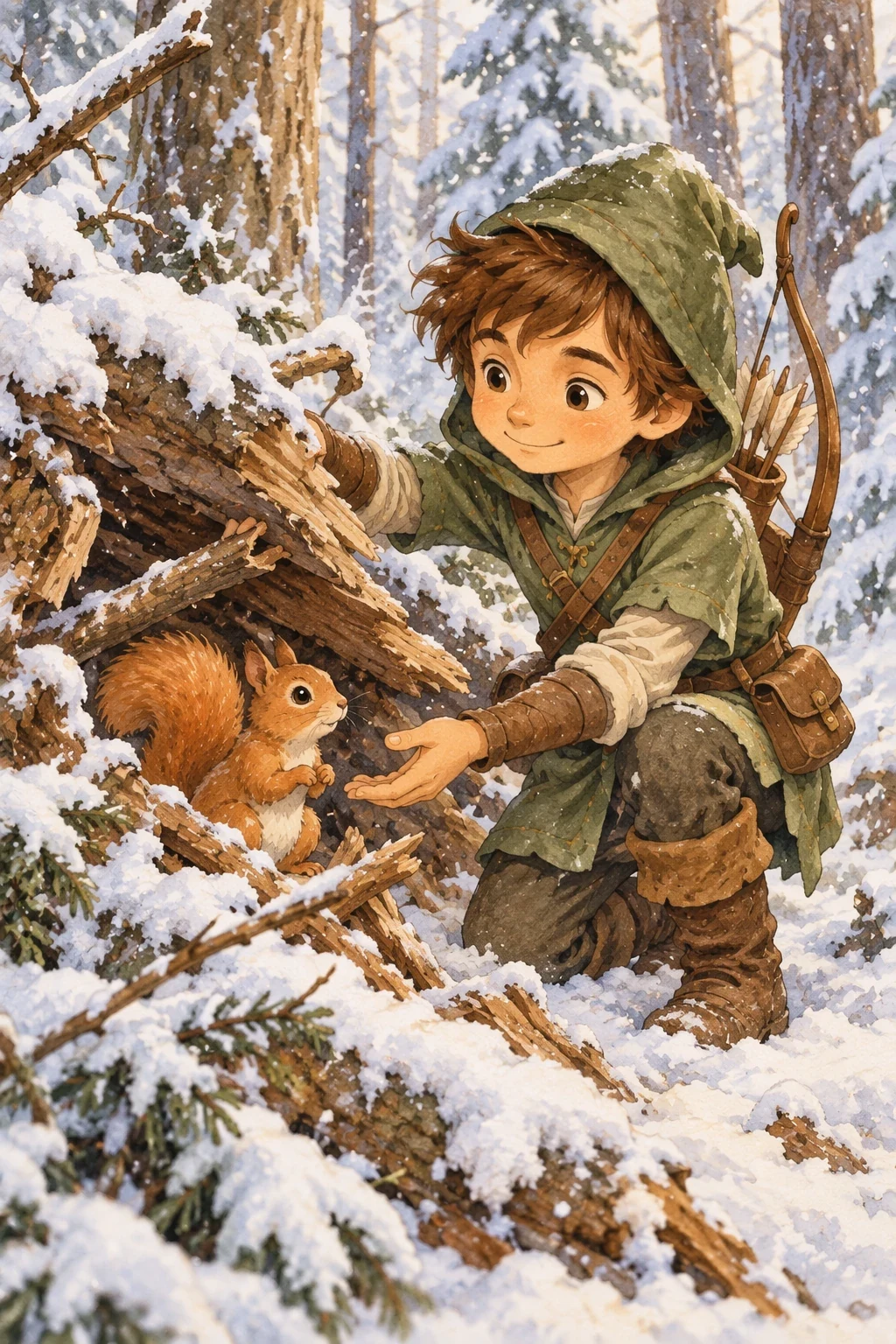 Same forest hero helping a squirrel in a winter scene — GPT Image 2.5 Sunburst