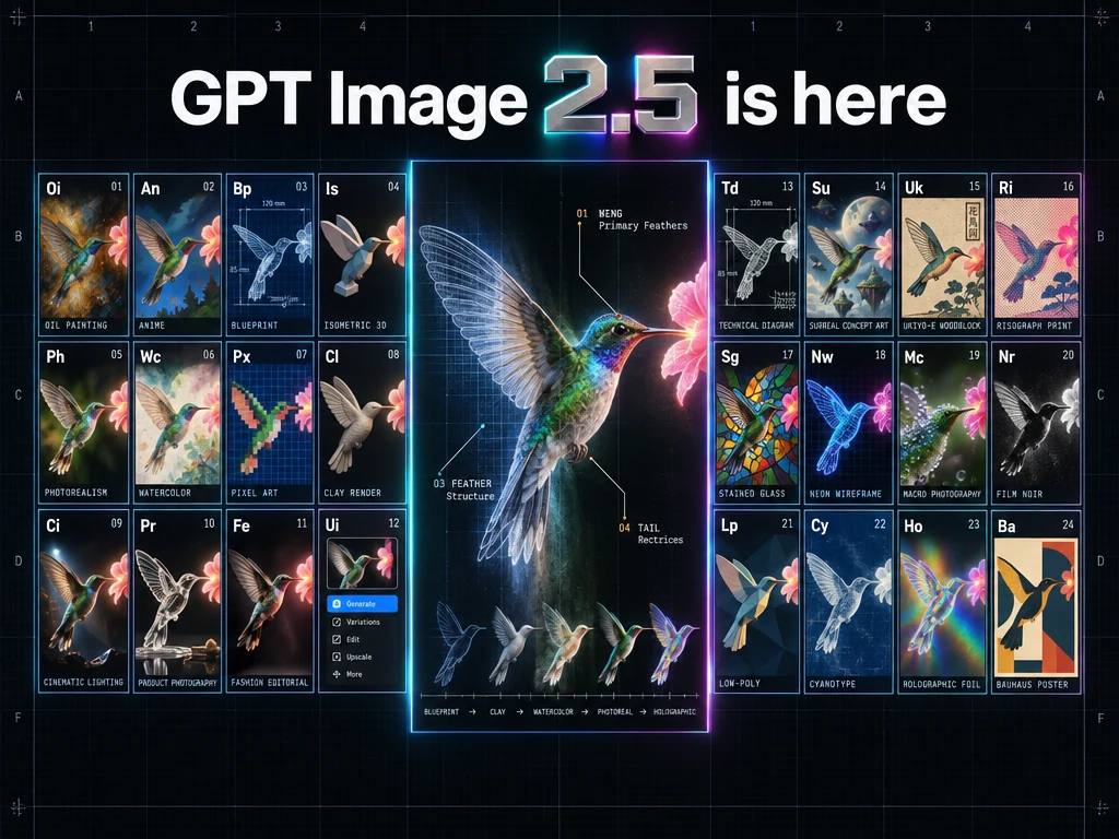 GPT Image 2.5 is here poster with a hummingbird rendered across multiple visual styles