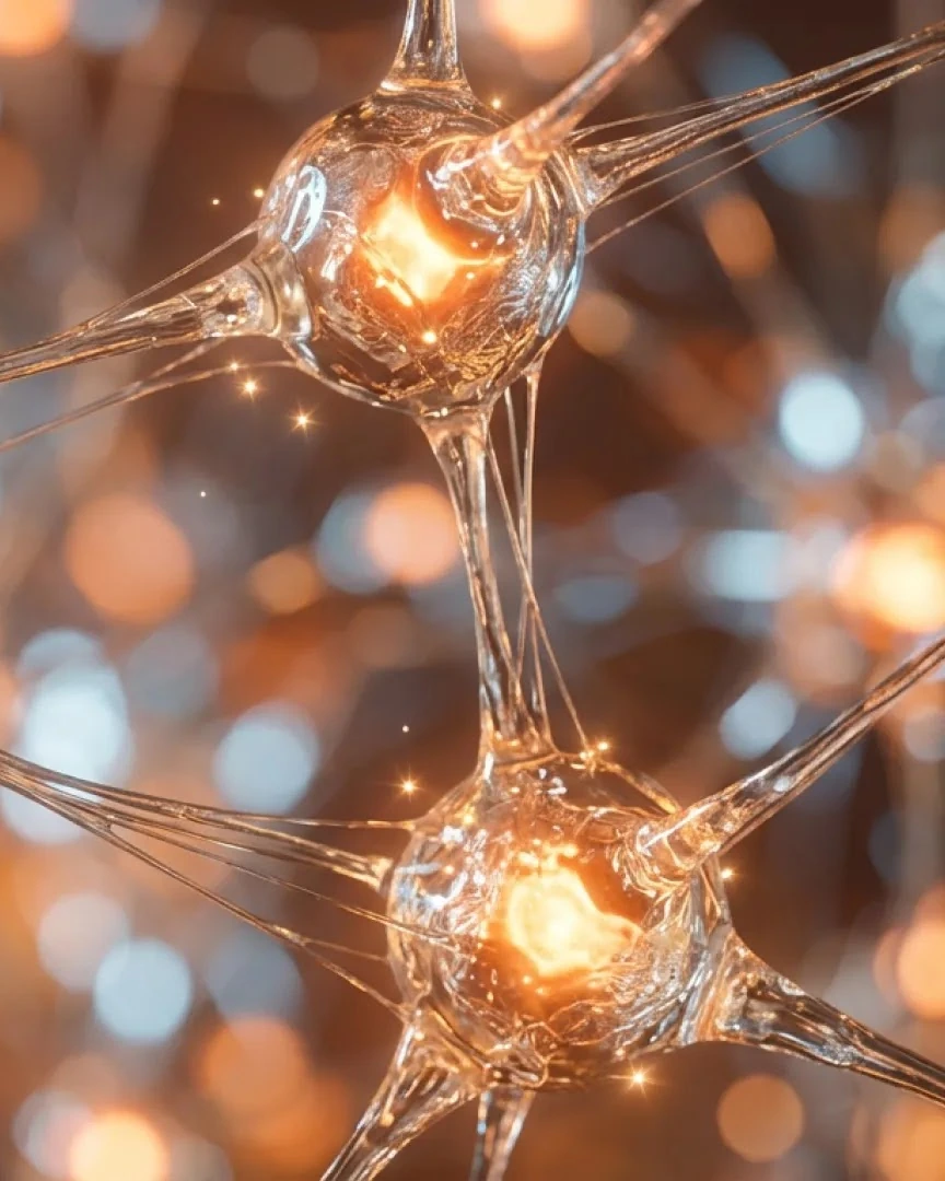 Glowing orange glass-like neurons connected in a neural network