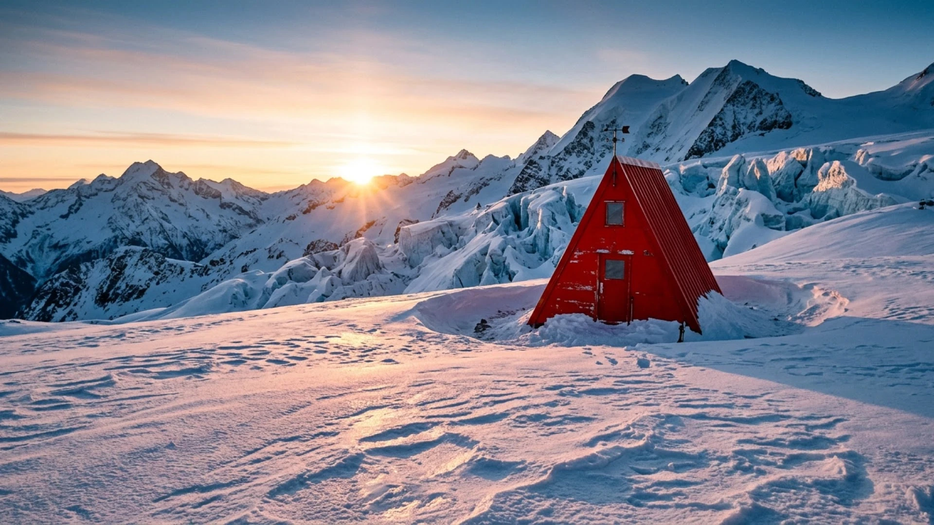 Small red A-frame refuge in a snowy alpine landscape at sunrise