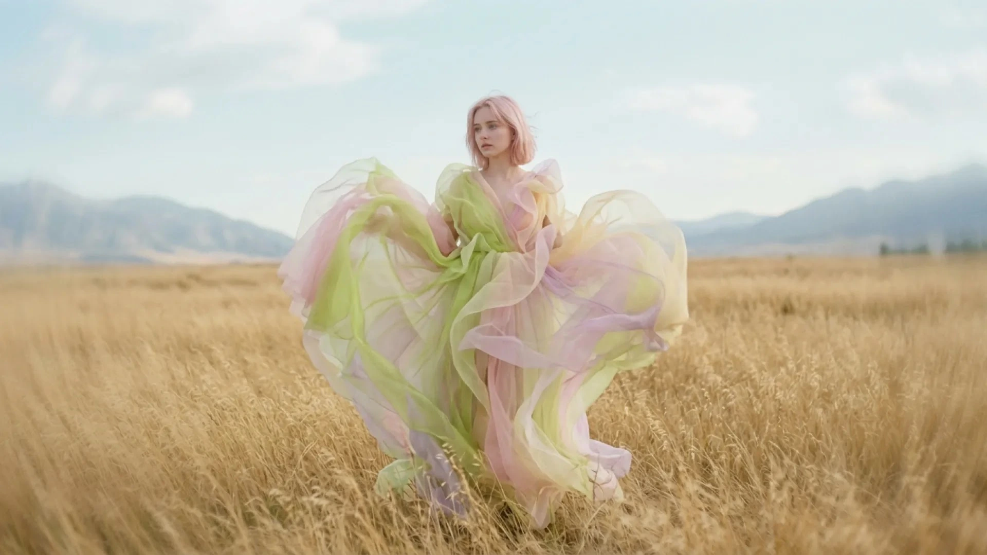Woman in a flowing pastel gown standing in a golden wheat field