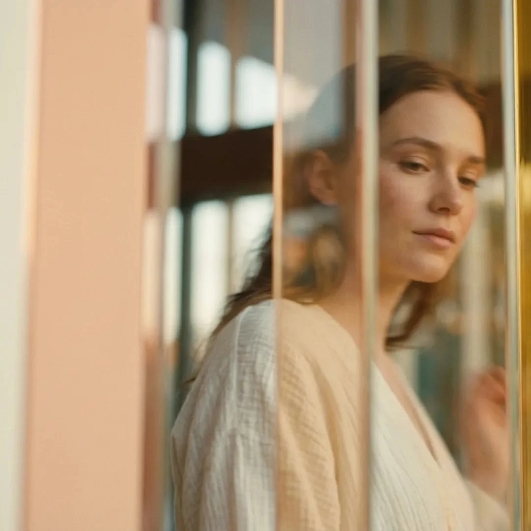 Contemplative portrait viewed through warm colored vertical glass panels