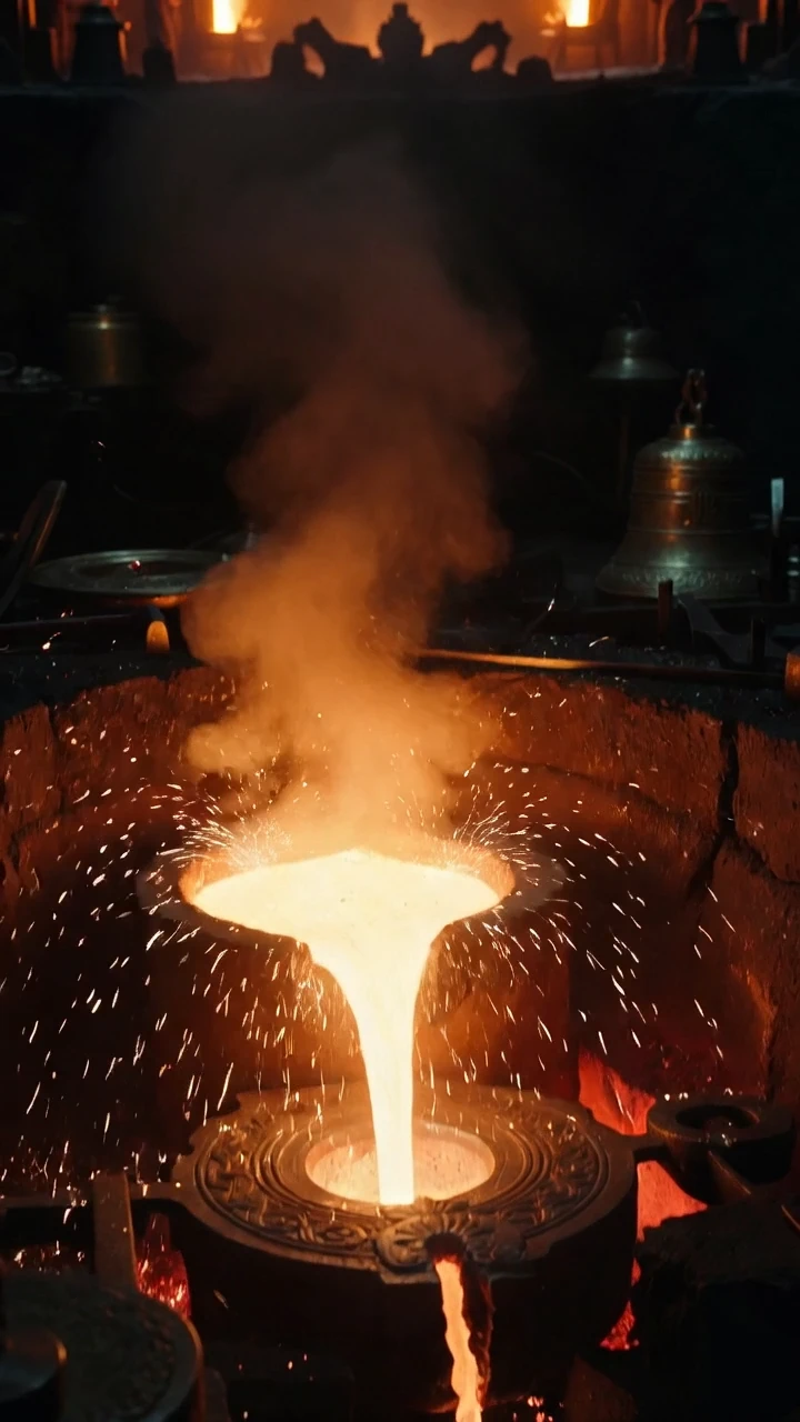 Glowing molten bronze pouring into a bell mold inside a dark foundry poster