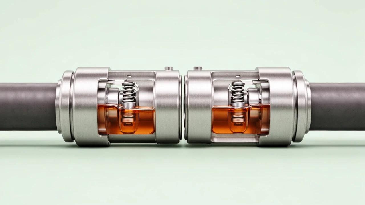 Stainless dry-break coupling with transparent valve cutaways and orange liquid poster