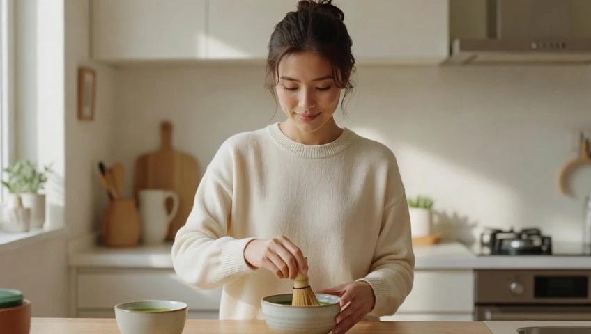 Woman making iced matcha in a bright minimal kitchen poster