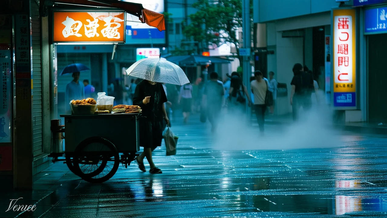 Rainy Tokyo street with neon reflections, street food, and an umbrella poster