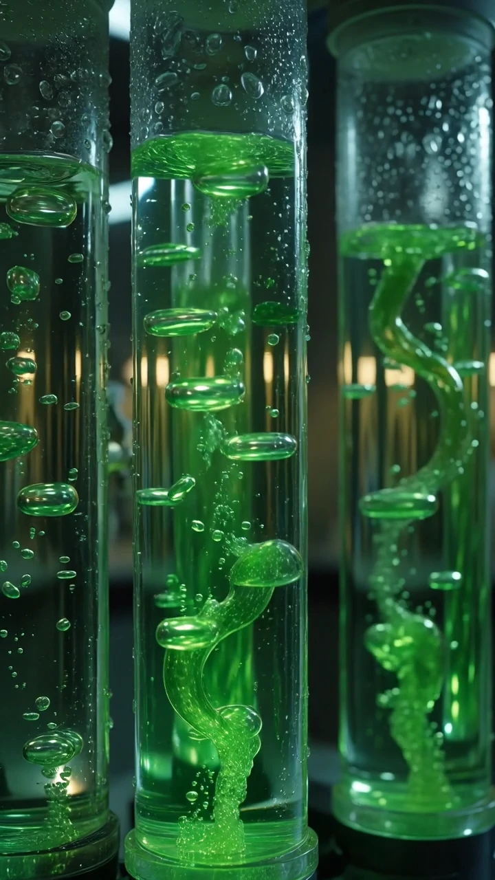 Emerald microalgae bubbling in glass laboratory photobioreactors poster