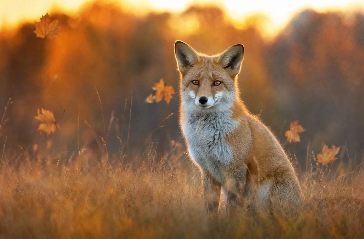 Red fox sitting in golden grass with autumn leaves and warm backlight poster