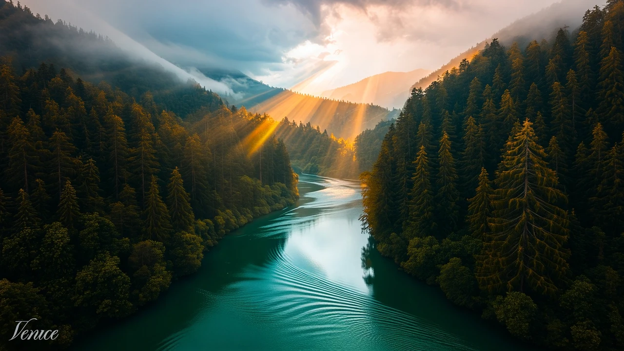 Aerial view of a winding river and forested mountain valley in golden sunlight poster