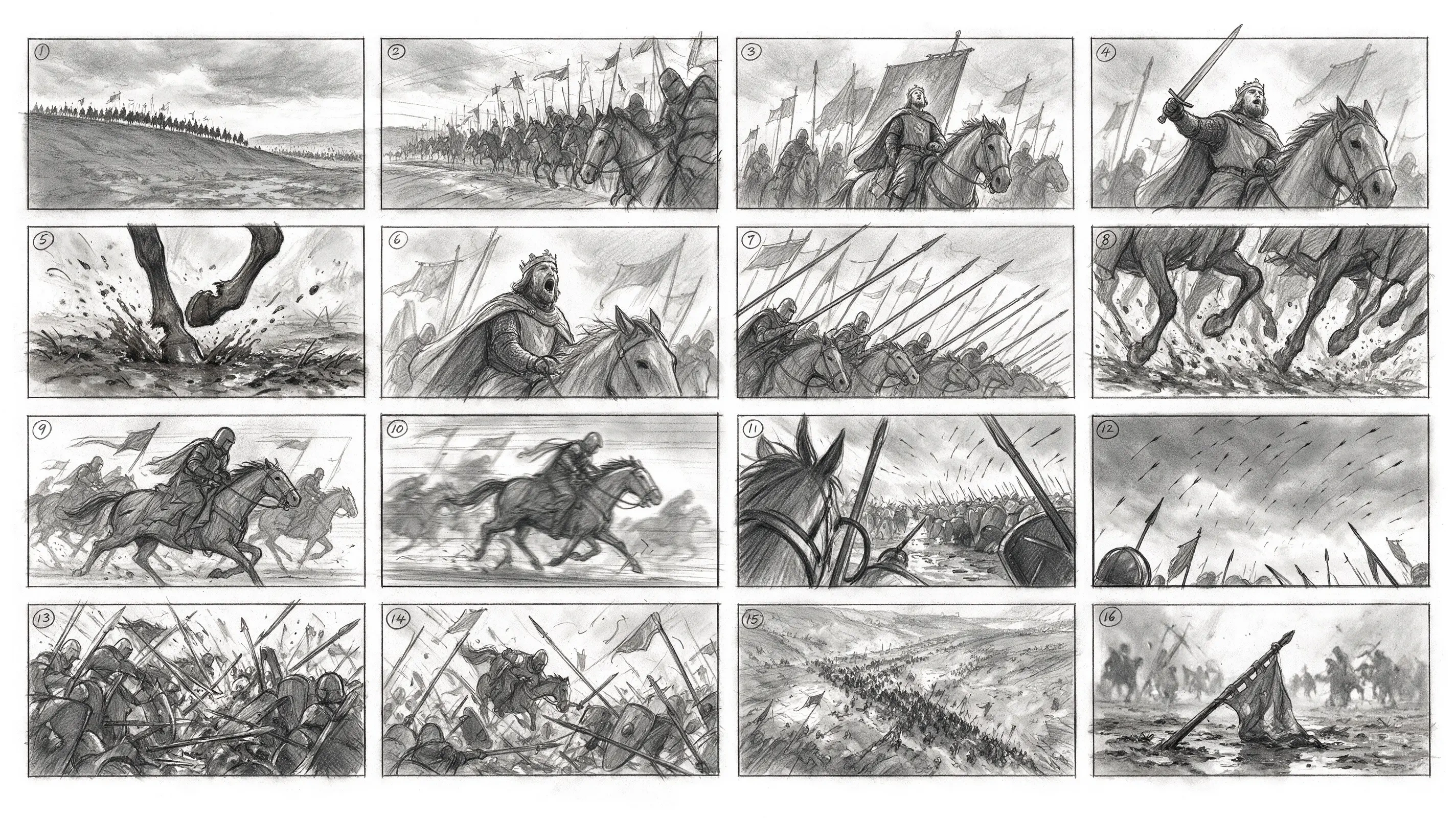 Cavalry charge storyboard — Seedream official text-to-image example
